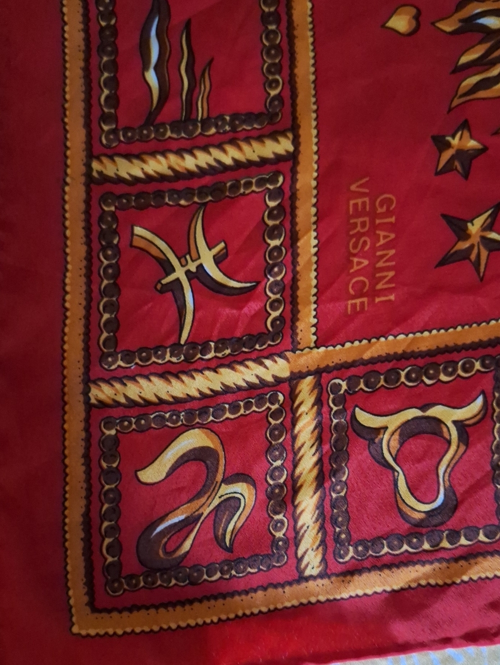 Versace Red and Gold Zodiac Motif Silk Scarf